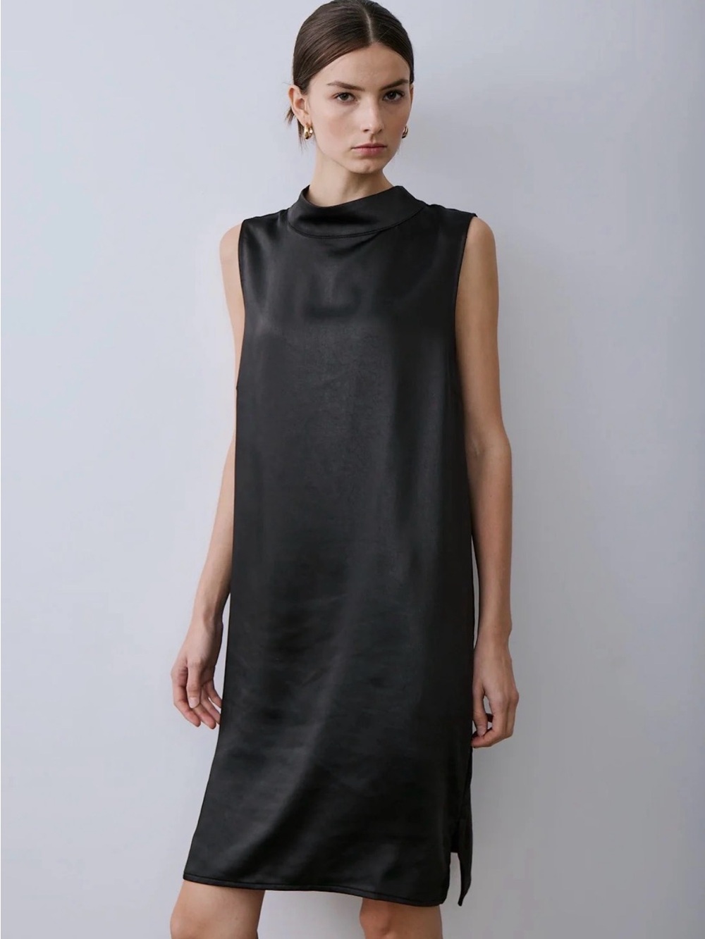 MELISSA NEPTON Munia Mock Neck Sleeveless   Cocktail Satin Black Dress M